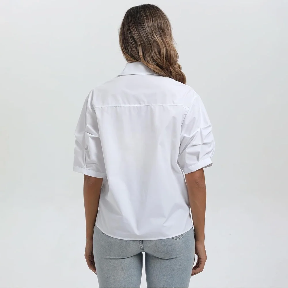 White Puff-Sleeve V-Neck Blouse - Picture 3 of 4